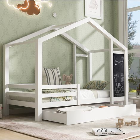 Cama infantil casita 90x200 cm de madera maciza blanca con pizarra, 2 cajones, somier de láminas y barandillas (1/5)