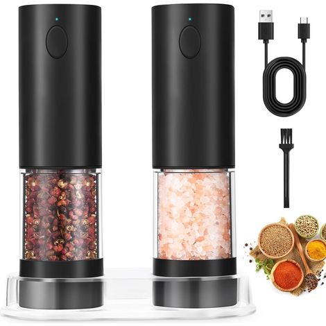 (Lot de 2) Moulin à poivre électrique - Rechargeable par USB - Avec lumière LED - Finesse de mouture réglable - 19 x 5,3 cm (1/4)