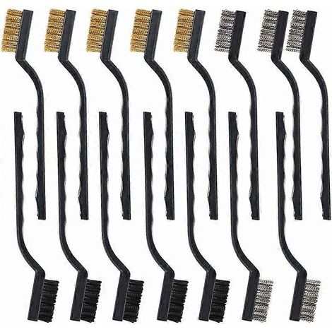 Ensemble de 15 brosses métalliques à manche courbé, en acier inoxydable, laiton et nylon. (1/5)