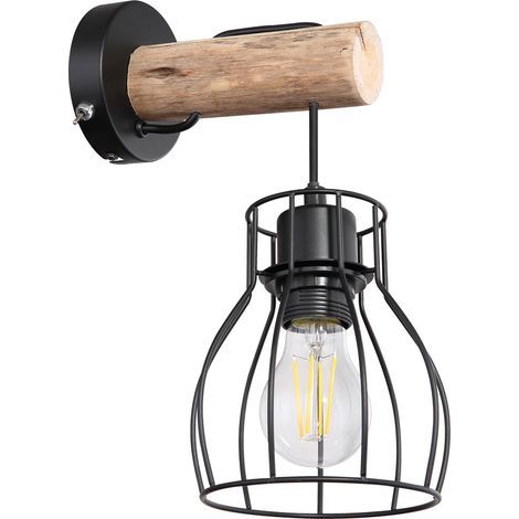 Applique murale LED métal noir et bois naturel – E27 max 40W – Design rétro pour salon – 15326NW (1/5)