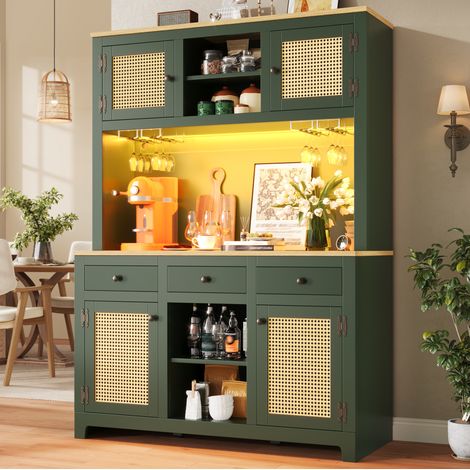 REDOM - Armario de almacenaje alto 120x40x180 cm, estantes ajustables, cajones, puertas de PE ratán, luz USB, verde antiguo (1/5)