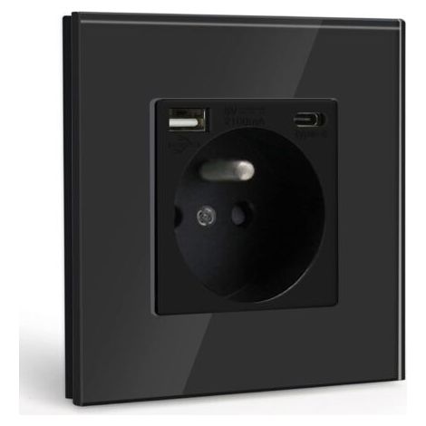 Multiprise Murale Max 2.1A avec USB et 1 Prise avec Type C,16A Prise de Courant Alternatif avec Panneau en Verre,Convient au Smartphone, à la Tablette (Noir) (1/5)