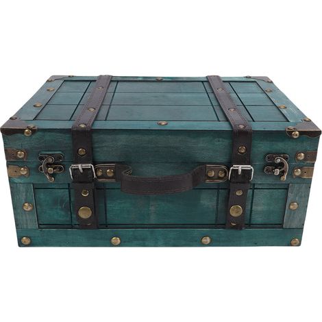 Malle de Rangement Vintage Bois Vert Grand Modèle Anse PU Fermoirs Alu Déco Maison 34,5x24x15,5cm (1/5)