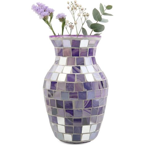 Blumenvase Glas, Handgefertigte Mosaik Glasvase, 20 x 10 x 11 cm, Deko Vasen, Tischdeko und Hochzeitsdeko, Modern Blumenvase für Wohnzimmer, Küche, Schlafzimmer und Büro (Lila) (1/5)