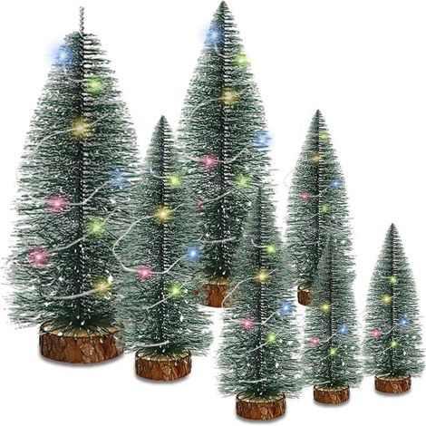 7 Pièces Mini Sapins de Noël en Sisal avec Lampes et Base en Bois pour Décoration de Fête et Maison (1/5)