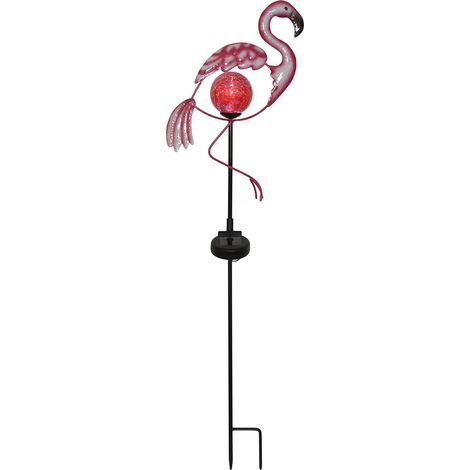 Solar-Gartenspieß ,Flamingo' in Pink, Leuchtkugel aus Bruchglas, Dämmerungssensor, H 80cm (1/4)