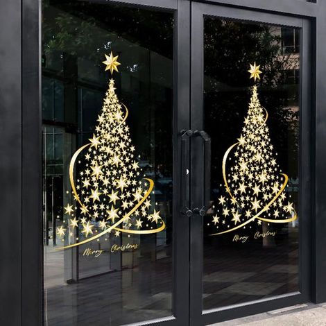 Adesivo per finestre con albero di Natale,adesivo statico color oro,per vetrine di negozi,2 pezzi (1/4)