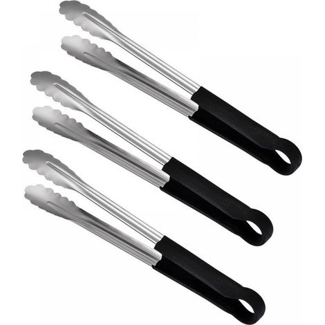 Pinzas para asar, acero inoxidable, mangos antideslizantes, para cocinar y asar, negro/plata, juego de 3 (1/5)