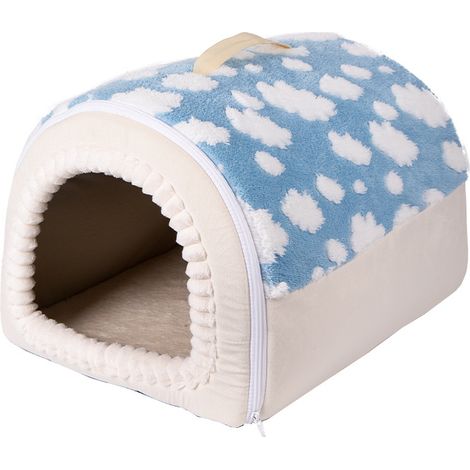 Niche Chat Fermée Nuages Grande Taille 60x45x40 cm – Maison Igloo Portable avec Poignée, Peluche Velours + Éponge, Zip, Grotte Hiver 4 Saisons, Lit Intérieur Chat et Petit Chien, Bleu Beige