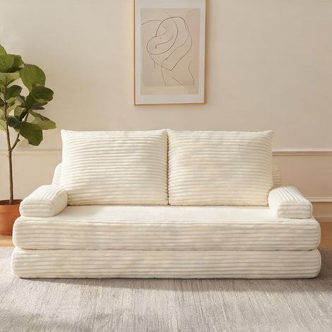 Canapé-lit modulaire 211 cm en tissu côtelé beige (1/5)