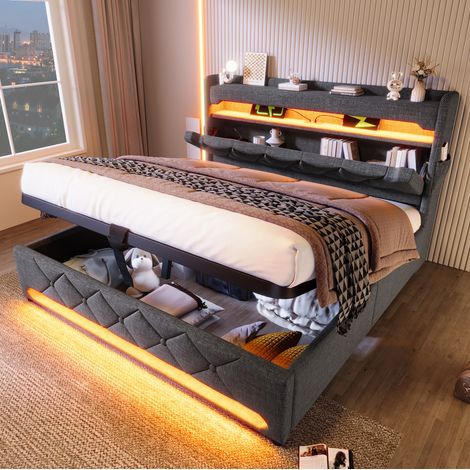 Cama doble 140x190 cm gris de lino con LED 360°, puertos USB-C y almacenaje hidráulico (1/5)