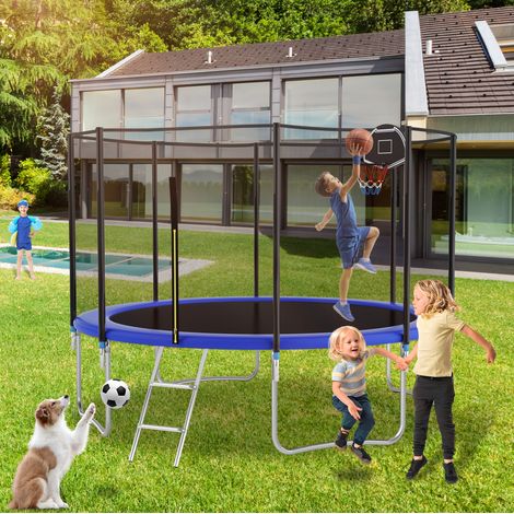 Trampolino rotondo da esterno 366 cm in acciaio blu con rete di sicurezza - MEUBLIV (1/5)