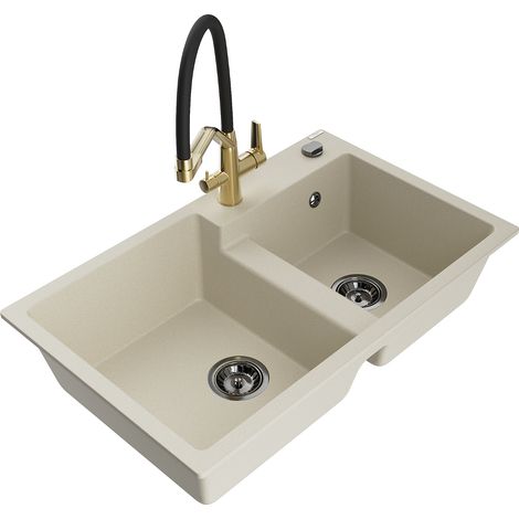 Mexen Tomas 2-Becken-Granitspüle mit Mischbatterie Duo, Beige - 6516-69-671701-57-B