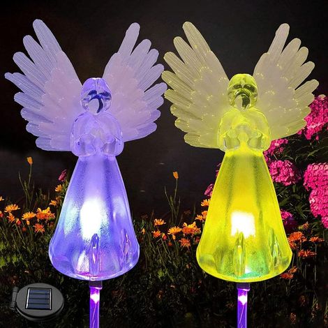 Lampe Solaire Extérieur Jardin, Lampes LED Anges Multicolores Energie Solaires, Lumières éclairage de Pieu Changement Couleur Décoratives, Lot de 2 (1/5)