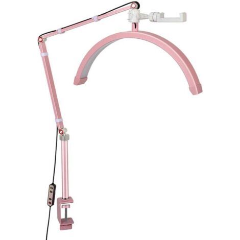 Lampe Extension De Cils,Lampe Demi Lune LED Réglable À 360° 3000K-6000K pour Les Tatoueurs, Maquilleurs, Visagistes, Studios De Beauté, Soins De La Peau– Support à pince– Rose