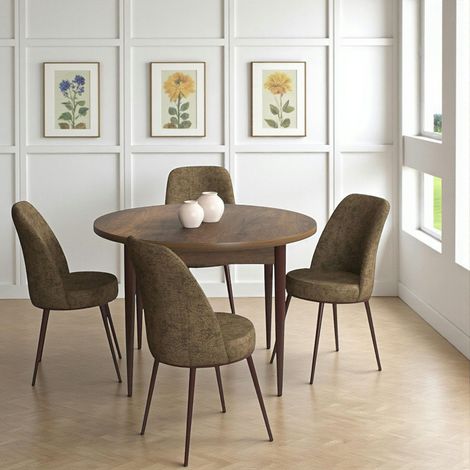 Ensemble table ronde Ø90 cm + 4 chaises taupe à motifs AROLA (1/4)