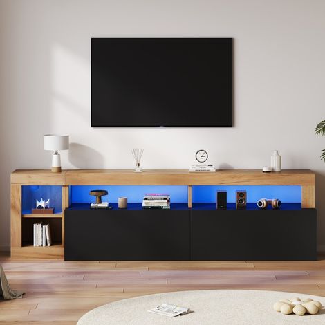 Meuble TV LED 184x42x58cm - Lowboard Chêne et Noir 2 Portes Abattantes Niches pour TV jusqu'à 80" - Bois et Noir (1/5)