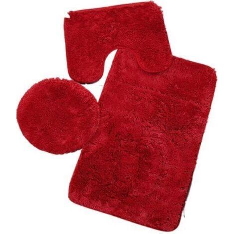Tapis de Salle de Bains Couleur Pure 3Pcs Bath Mat Antidérapant et Absorbant Doux Tapis & Couvercle Toilette Couvercle Set Lavable, Rouge (1/5)