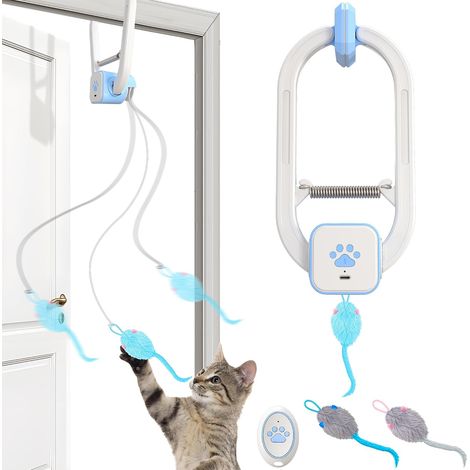 Verbessertes, intelligentes, interaktives Katzenspielzeug mit Fernbedienung – automatisch einziehbares Federspielzeug mit 3 Plüschmäusen und USB-Ladefunktion (1/5)