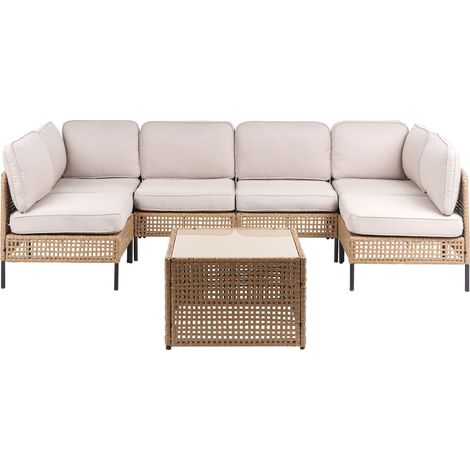 Modular Garden U-Shaped Sofa Light Beige PE Rattan 6 Seater with Glass Coffee Table Metal Frame with Cushions Modern Style Garden Patio Terrace OMEGANA (1/5)