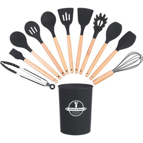 GABRIELLE Ustensiles de cuisine en Silicone, ensemble d'accessoires de cuisine de 12 pièces, sans BPA, ensemble d'ustensiles en bois, ensemble antiadhésif avec poêle de rangement, noir