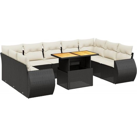 Salon de jardin 10 pcs Mobilier de jardin avec coussins noir résine tressée (1/5)