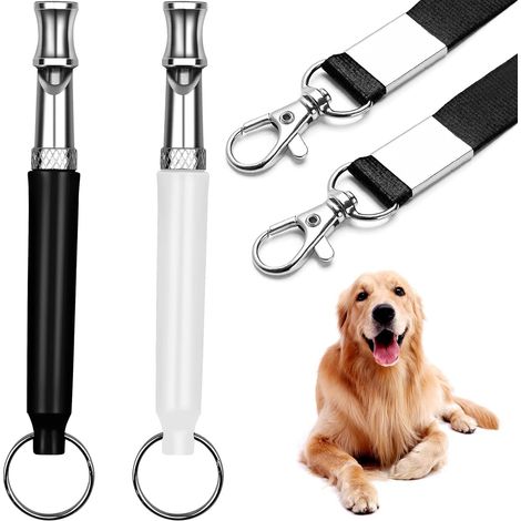 Paquete de 2 silbatos para perros: silbato para llamar al perro, silbato ultrasónico para ladrar, con cordón (blanco y negro). (1/5)