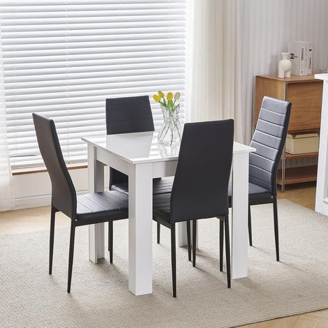 75x75cm Square Dining Table and Chairs Set, Small Dining Room Set High Gloss Dining Table with Chairs Home Furniture (Black Faux Leather, White Table with 4 Chairs)