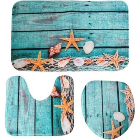 (Set of 3) Seashell Beach Summer Vacation Bath Mat, Bathroom Cushion Cover, Non-Slip Toilet Mat, Starfish Floor Set (1/5)