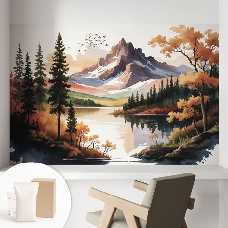 Papier peint intissé mural avec colle pour salon et chambre Décoration murale rapide - Colle incluse gratuite Automne en montagne 104x70 cm (1/5)