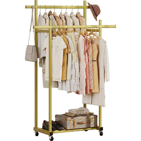 Heavy Duty Metal Clothes Rack on Wheels, Heavy Duty Clothes Rack with 60kg Load Capacity, Easy Assembly, Double Rod, Gold (1/5)