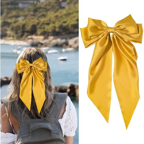Pince à cheveux nœud avec long ruban, pour femmes et filles, couleur jaune. (1/5)