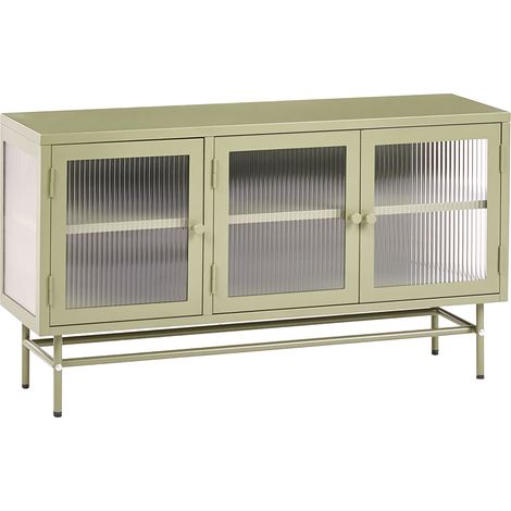 Aparador moderno de acero con vidrio acanalado 3 puertas y estantes ajustables verde Devon (1/5)