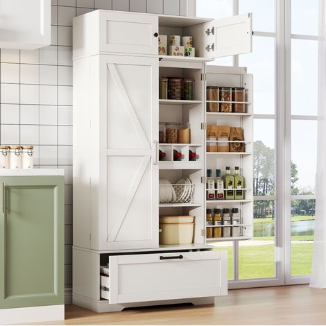 Credenza cucina 80x40x180 cm, con cassetto, portabottiglie, ripiani regolabili, MDF bianco (1/5)