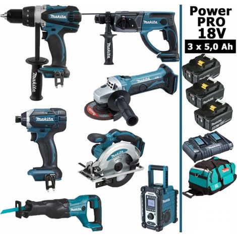 Pack Makita Power PRO 7 outils 18V: DDF458 + DHR202 + DTD152 + DGA504 + DSS610 + DJR186 + DMR108 + 3 batt 5Ah + sac (1/5)