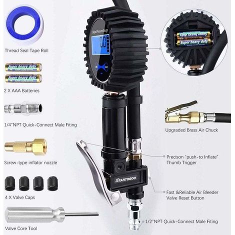 Numérique Manomètre , Haute Précis Digital Jauge , 200PSI Embout de Pistolet Gonflage et Compresseur avec l'écran LCD pour Voiture Camion Moto Vélo (1/3)
