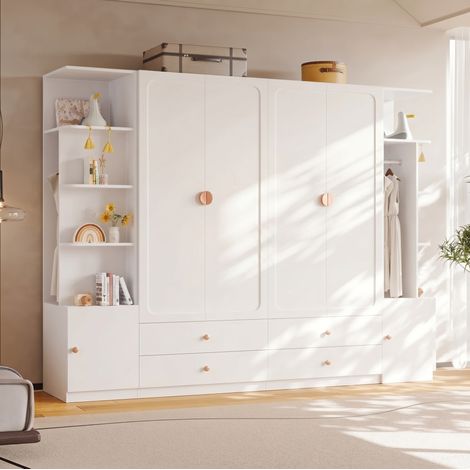 MODFU – Armadio 6 ante 270x45x200 cm in legno bianco con 4 barre, 4 cassetti e vano modulare – Bianco (1/5)