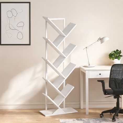 Bibliothèque en bois blanc à étagères en métal arbre design (1/5)
