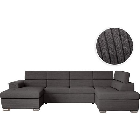 Loungitude – Canapé panoramique 6 places convertible en velours côtelé – 2 coffres de rangement – Gris – Confort optimal pour salon contemporain (1/5)