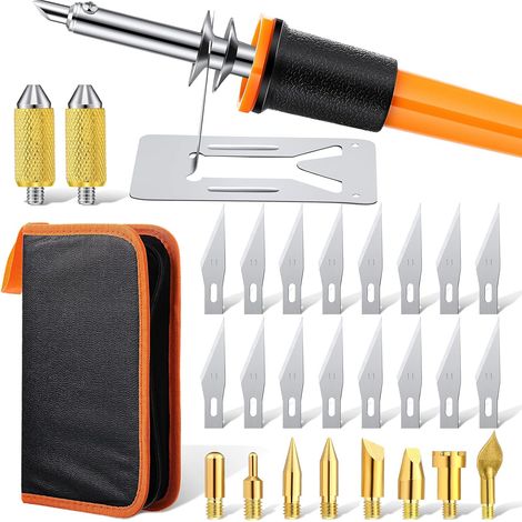 30-teiliges elektrisches Heißmesser-Schneidewerkzeugset, Mehrzweckmesser für Modellbau und Brandmalerei, mit 2 Metallständern, 16 Klingen und 2 Griffen. (1/5)