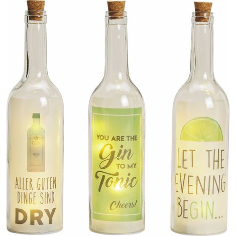 LED Deko Flasche 3er Set - 5 LED/Motiv Gin - warmweiß Draht Lichterkette Weinflasche zum Hinstellen