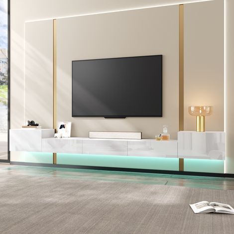 Meuble tv suspendu - 245 x 30 x 26 cm - salon moderne avec lumières led contrôle app portes haute brillance rangement fermé - mdf blanc (1/5)
