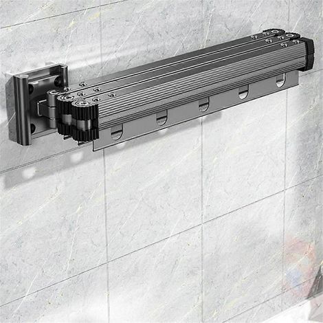 Séchoir mural pliable rétractable, portant vêtements escamotable gain de place, cintre pliant fixé au mur, étendoir rabattable pour linge, acier robuste, finition argent, usage intérieur, lot unique. (1/5)