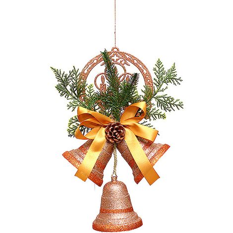 Cloche de noël suspendue avec nœud et aiguille de pomme de pin, ornement décoratif pour porte d'arbre de maison, or (1/5)