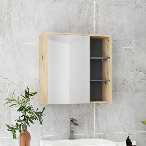 Armoire de salle de bain avec miroir armoire de toilette miroir mural 3 étagères ouverts 60 x 20 x 60 cm bois naturel (1/5)