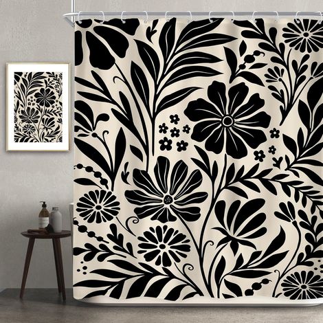 Rideau De Douche - Fleur - 183 x 183 Cm - Imprimé Botanique Rétro - Polyester Imperméable - 12 Anneaux Plastique Antirouille - 1 Pièce (1/4)