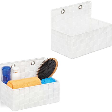 Relaxdays Cesta Organizadora Colgante, Set 2, Efecto Trenzado, Baño, Pasillo, Cestita Pared, 20 x 25 x 16,5 cm, Blanco
