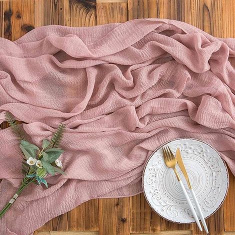 Chemins de table en étamine, 90 x 300 cm, style bohème, nappe en gaze, décoration romantique pour cuisine, salle à manger, fête prénuptiale, fête prénuptiale - Rose