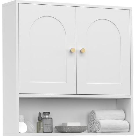 Mobile da bagno sospeso ARSENE, armadio a parete con 2 ante e ripiano in legno bianco (1/5)