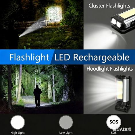 FLITI Rechargeable Work Light, 2-Pack, 1000 Lumens, 7 Modes, 360° Rotation, Magnetic Hook, Portable for Camping and Repair (1/5)